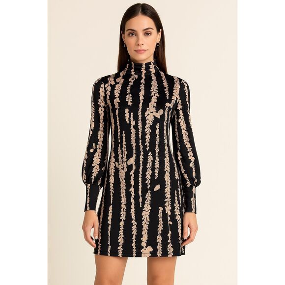 Trina Turk Silk Mock Neck Abstract Leaf Print Mini Dress‎ Black Size 10 - Picture 1 of 12